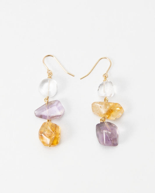 Elsita Jewelry asymmetrical earrings featuring raw clear quartz, citrine, and amethyst stones on 14K gold-filled wires.