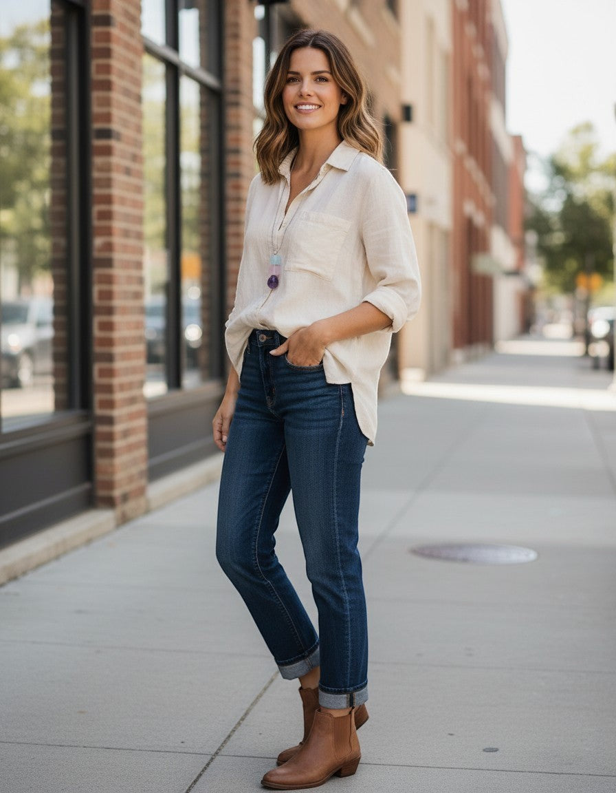 Woman wearing an Elsita Jewelry Shape pendant necklace with a beige linen shirt and blue jeans on a city sidewalk
