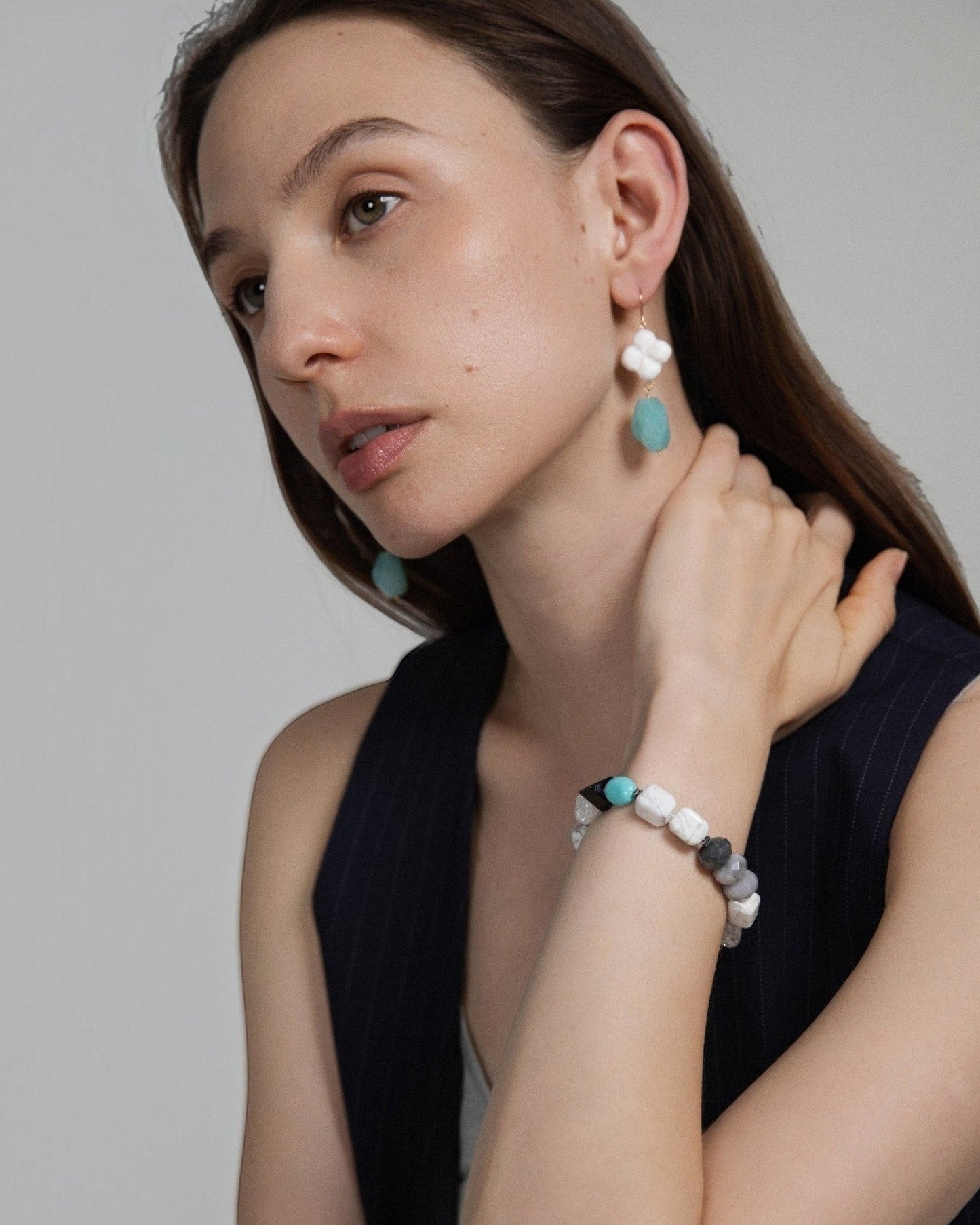 Elsita Jewelry Sky earrings featuring white clover-shaped agate and lagoon-blue amazonite on 14K gold-filled wire.