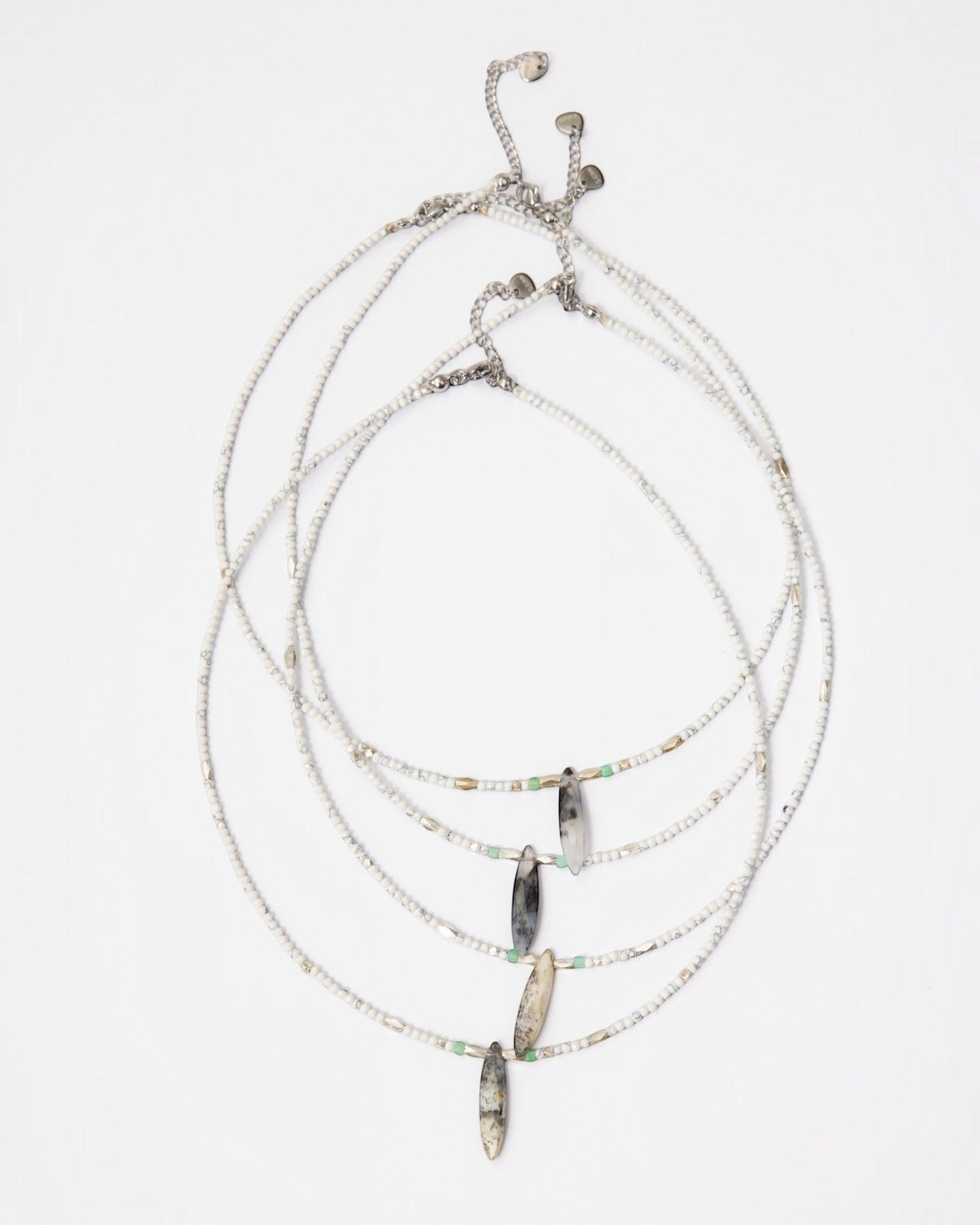 Elsita Jewelry Snowline Grey beaded necklace featuring white howlite, grey agate, chrysoprase, and sterling silver.