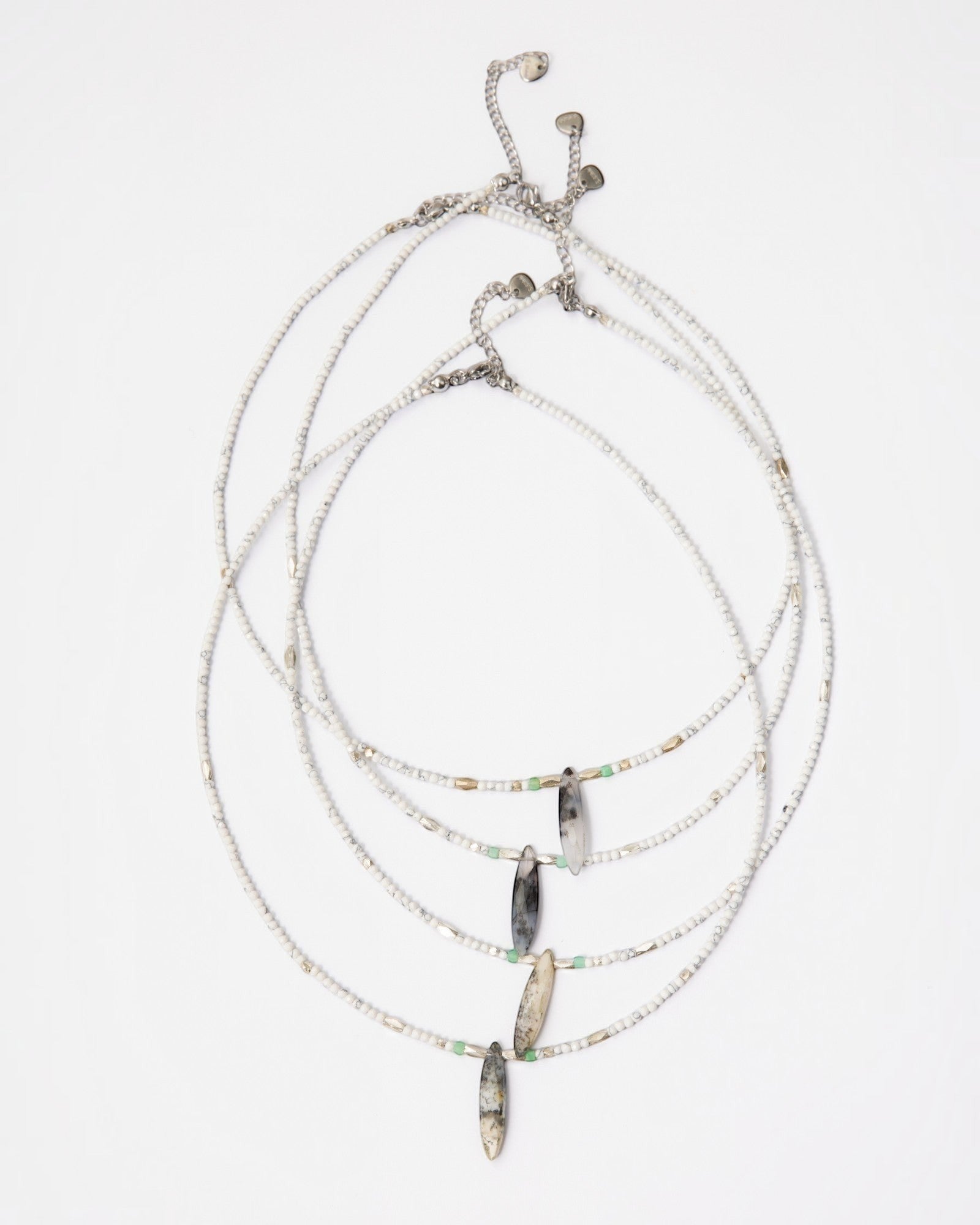 Elsita Jewelry Snowline Grey beaded necklace featuring white howlite, grey agate, chrysoprase, and sterling silver.