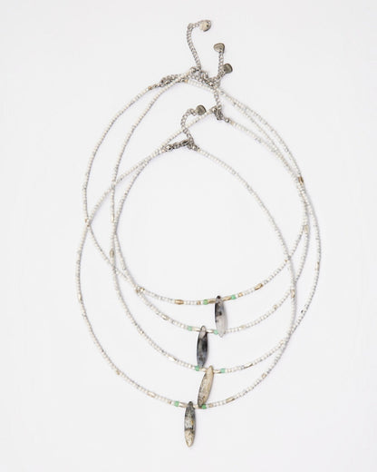 Elsita Jewelry Snowline Grey beaded necklace featuring white howlite, grey agate, chrysoprase, and sterling silver.