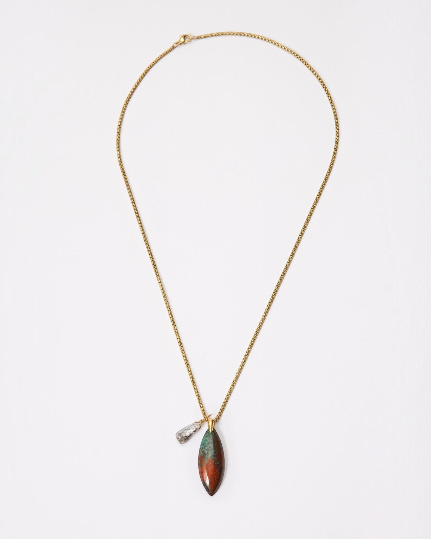 Elsita Jewelry Horizon II necklace featuring a marquise-cut Sonora sunset stone and green quartz on a gold-tone chain.