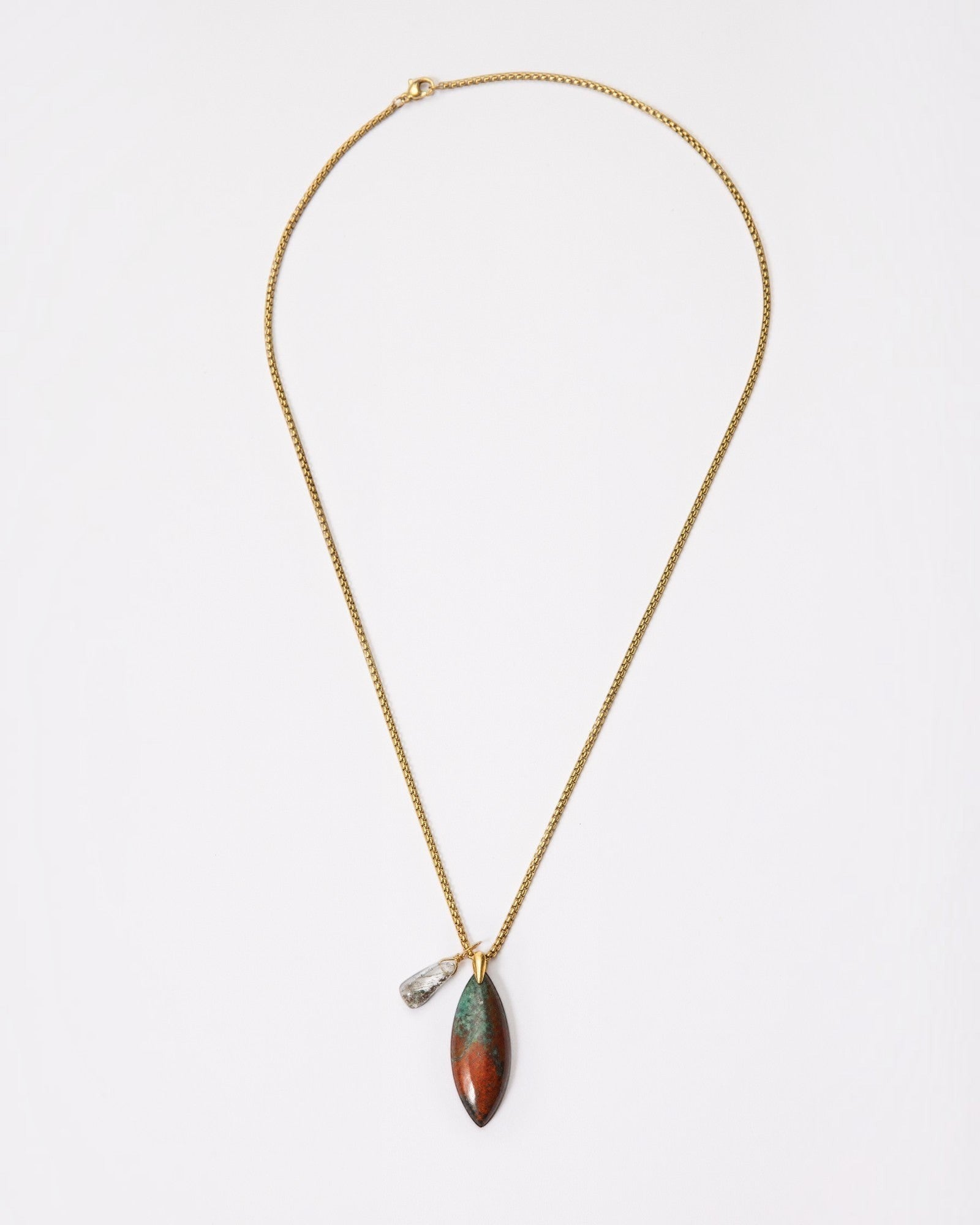 Elsita Jewelry Horizon II necklace featuring a marquise-cut Sonora sunset stone and green quartz on a gold-tone chain.