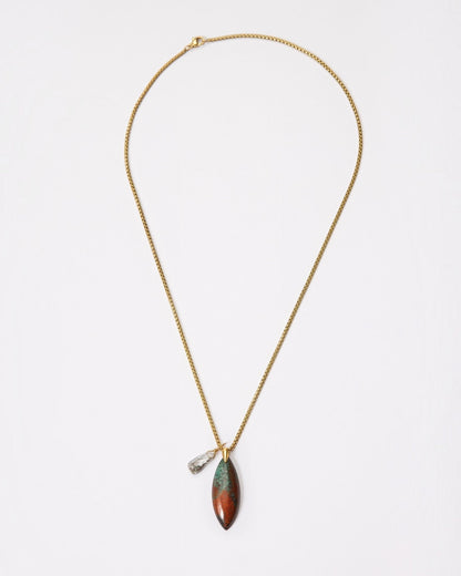 Elsita Jewelry Horizon II necklace featuring a marquise-cut Sonora sunset stone and green quartz on a gold-tone chain.