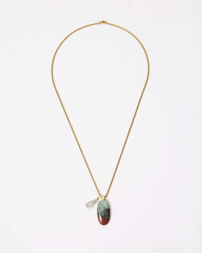 Elsita Jewelry Horizon III necklace featuring a Sonora sunset stone and green quartz pendant on a gold-tone chain.