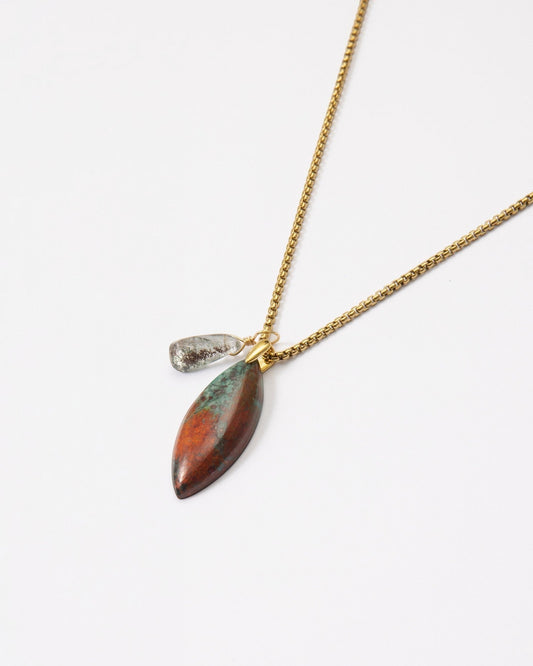 Elsita Jewelry Horizon II necklace featuring a marquise-cut Sonora sunset stone and green quartz on a gold-tone chain.