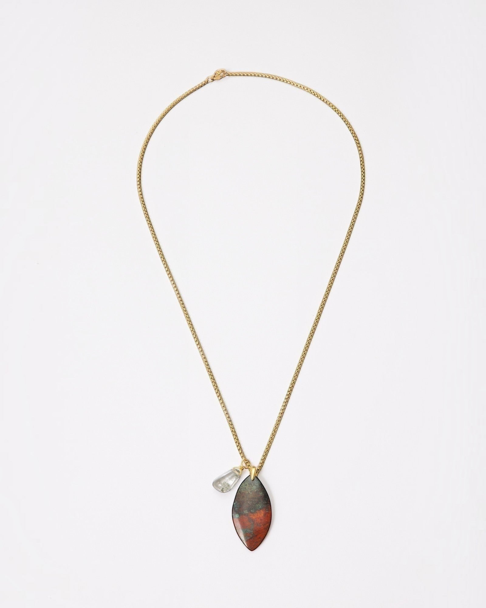 Elsita Jewelry Horizon I necklace featuring a marquise-cut Sonora sunset stone and green quartz on a gold-tone chain.