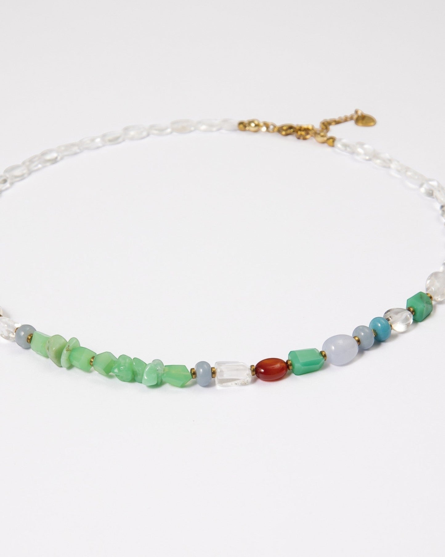 Elsita Jewelry Spring necklace featuring a mix of chrysoprase, larimar, pearl, and quartz beads on a delicate chain.