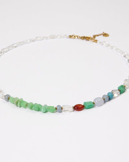 Elsita Jewelry Spring necklace featuring a mix of chrysoprase, larimar, pearl, and quartz beads on a delicate chain.