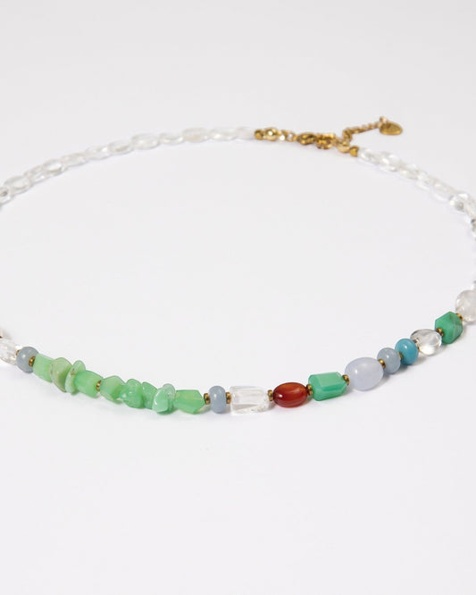 Elsita Jewelry Spring necklace featuring a mix of chrysoprase, larimar, pearl, and quartz beads on a delicate chain.