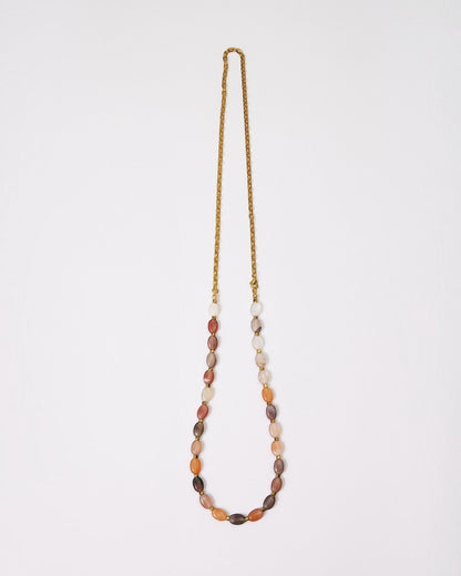 Elsita Jewelry Terrain long necklace featuring oval mixed agate stones in earth tones with a gold-tone chain.