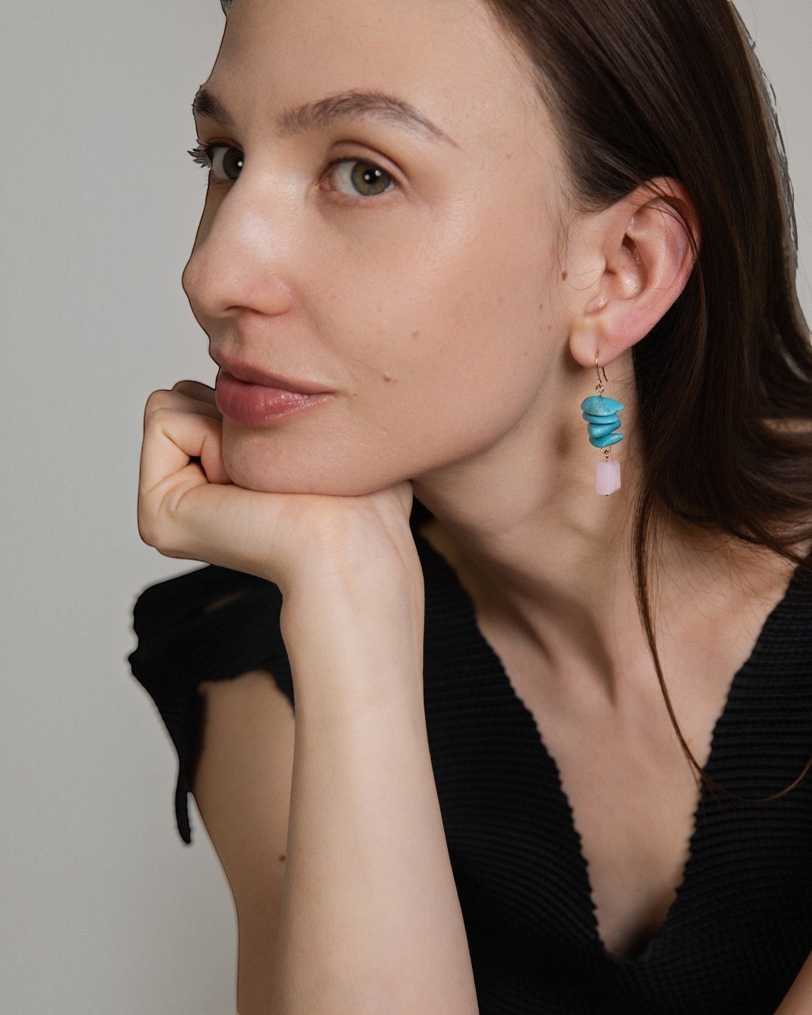 Elsita Jewelry Candy earrings featuring layered turquoise slices and a pink opal drop on 14K gold-filled hooks.