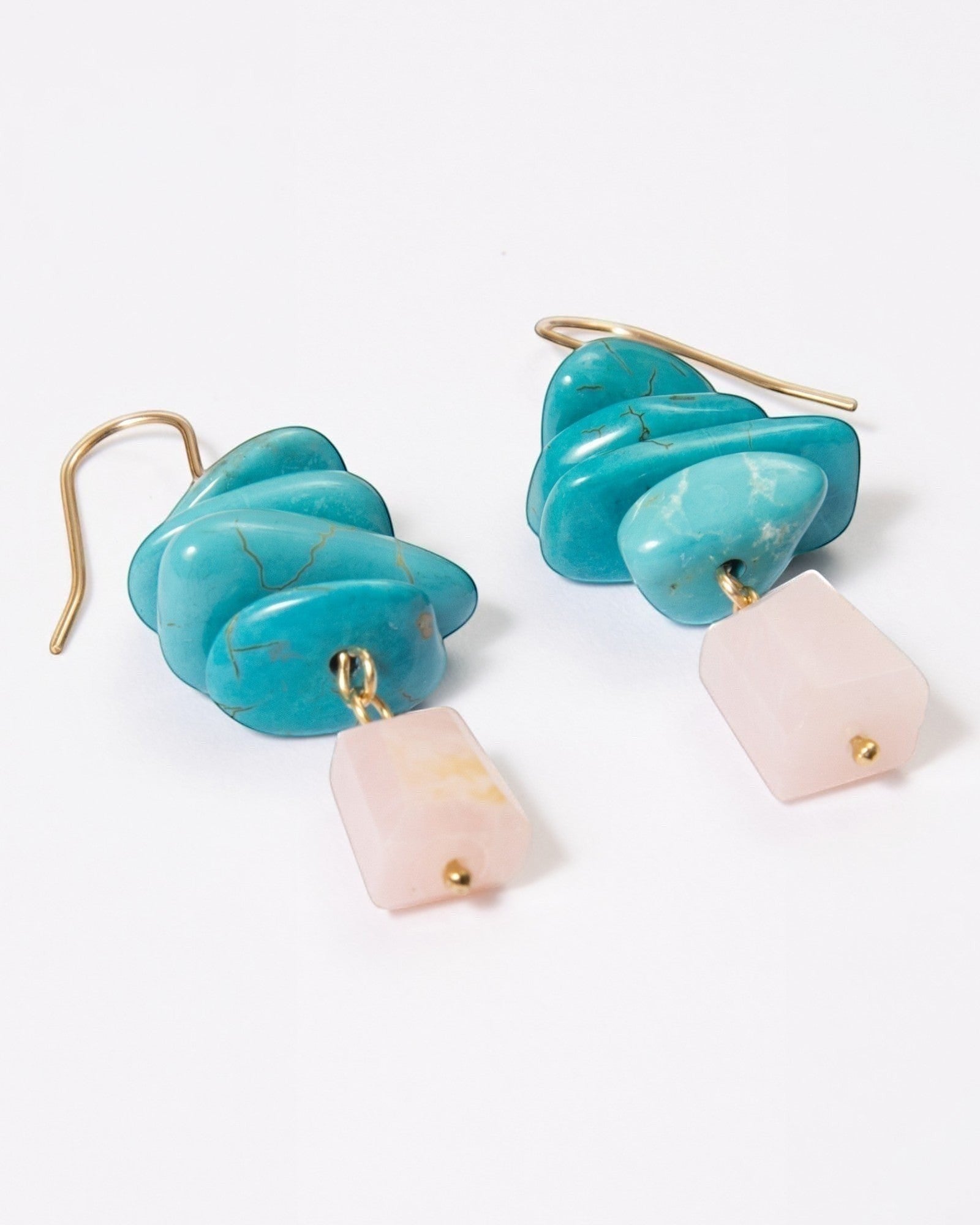 Elsita Jewelry Candy earrings featuring layered turquoise slices and faceted pink opal drops on 14K gold-filled hooks.