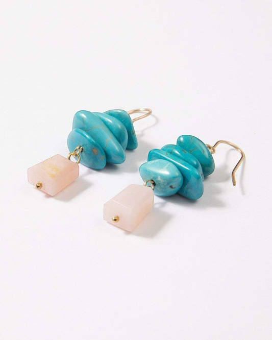 Elsita Jewelry Candy earrings featuring layered turquoise slices and faceted pink opal drops on 14K gold-filled hooks.