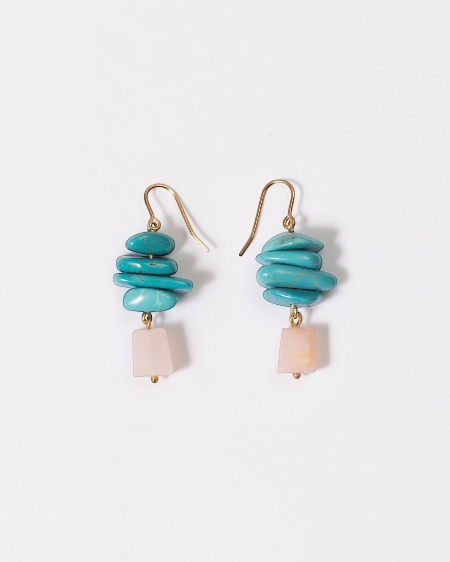 Elsita Jewelry Candy earrings featuring layered turquoise slices and faceted pink opal drops on 14K gold-filled hooks.