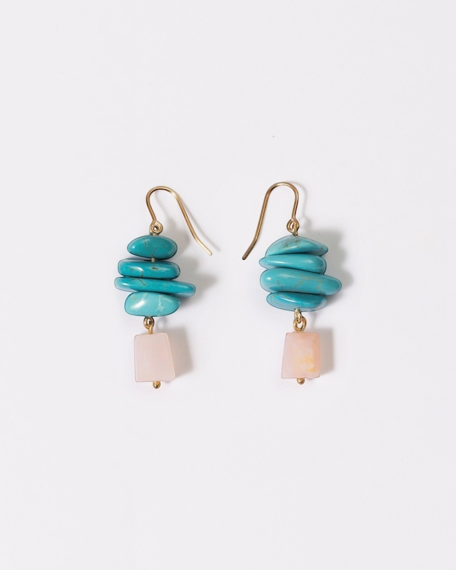 Elsita Jewelry Candy earrings featuring layered turquoise slices and faceted pink opal drops on 14K gold-filled hooks.