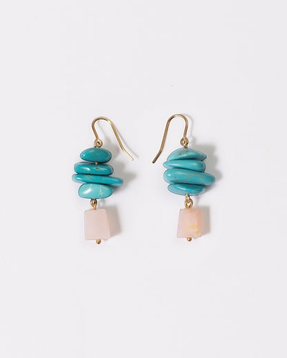 Elsita Jewelry Candy earrings featuring layered turquoise slices and faceted pink opal drops on 14K gold-filled hooks.