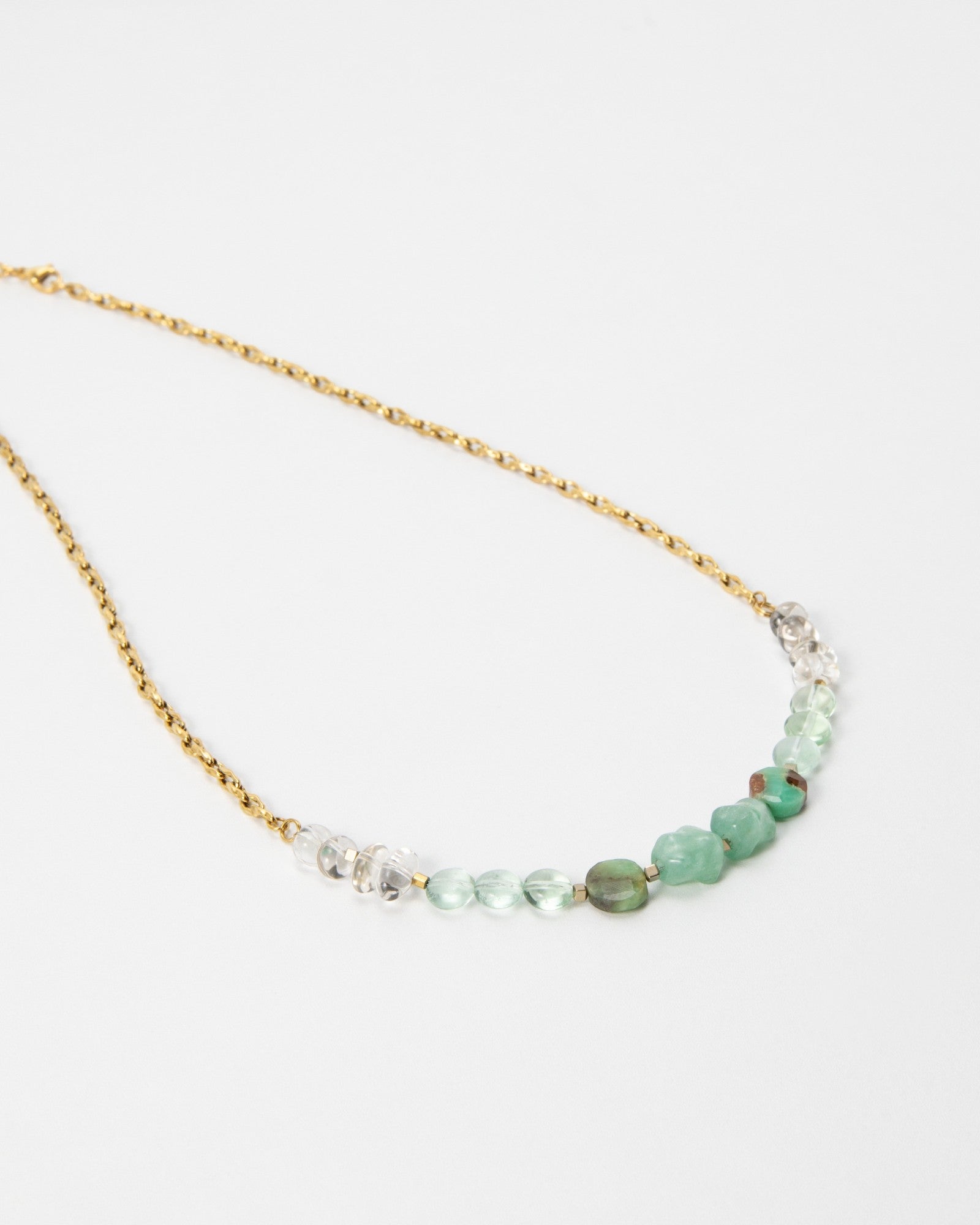 Elsita Jewelry Wandern necklace featuring a delicate gold chain with a row of green and clear gemstone beads.