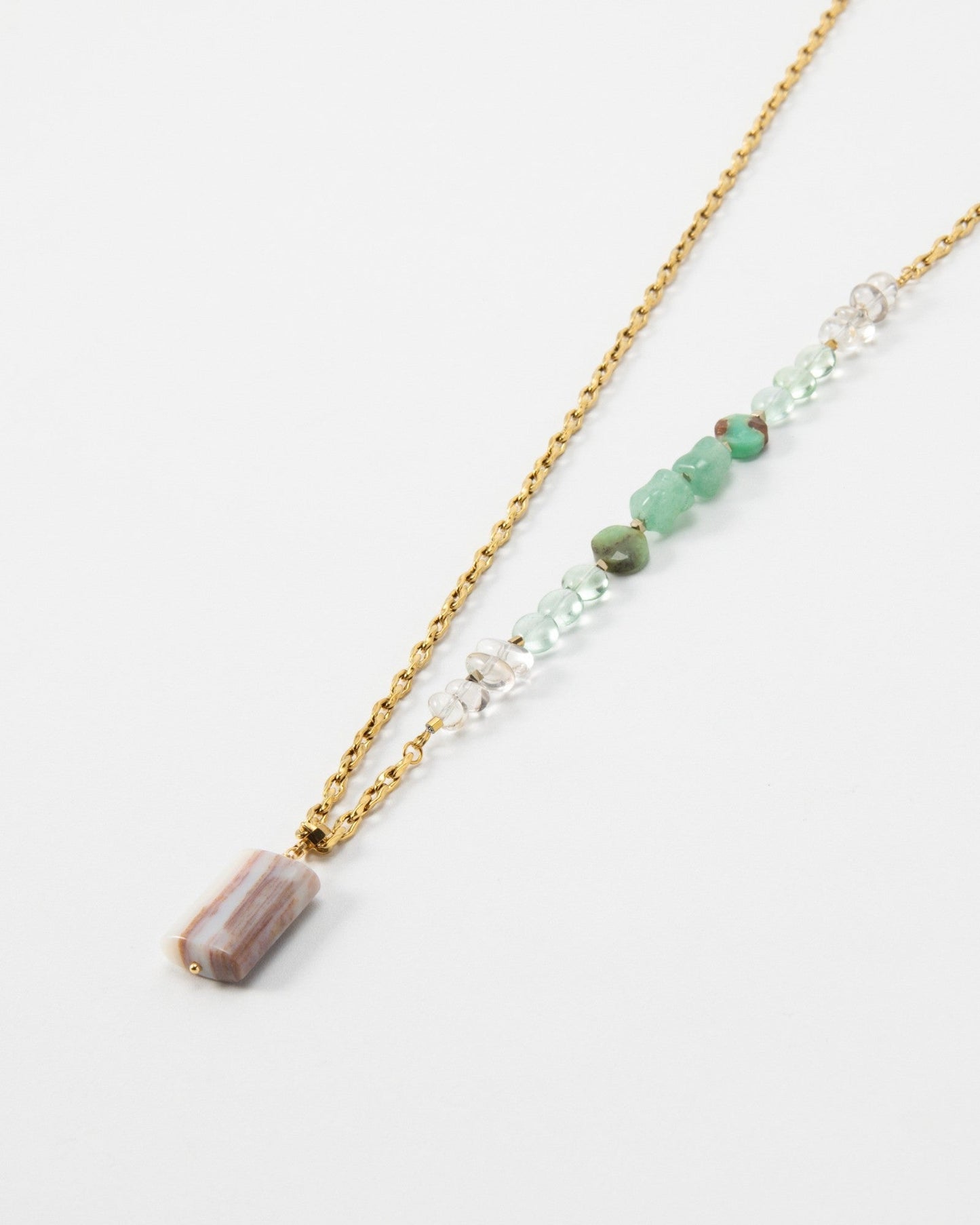 Elsita Jewelry Wandern necklace featuring a gold chain with green and clear gemstone beads and a rectangular stone charm
