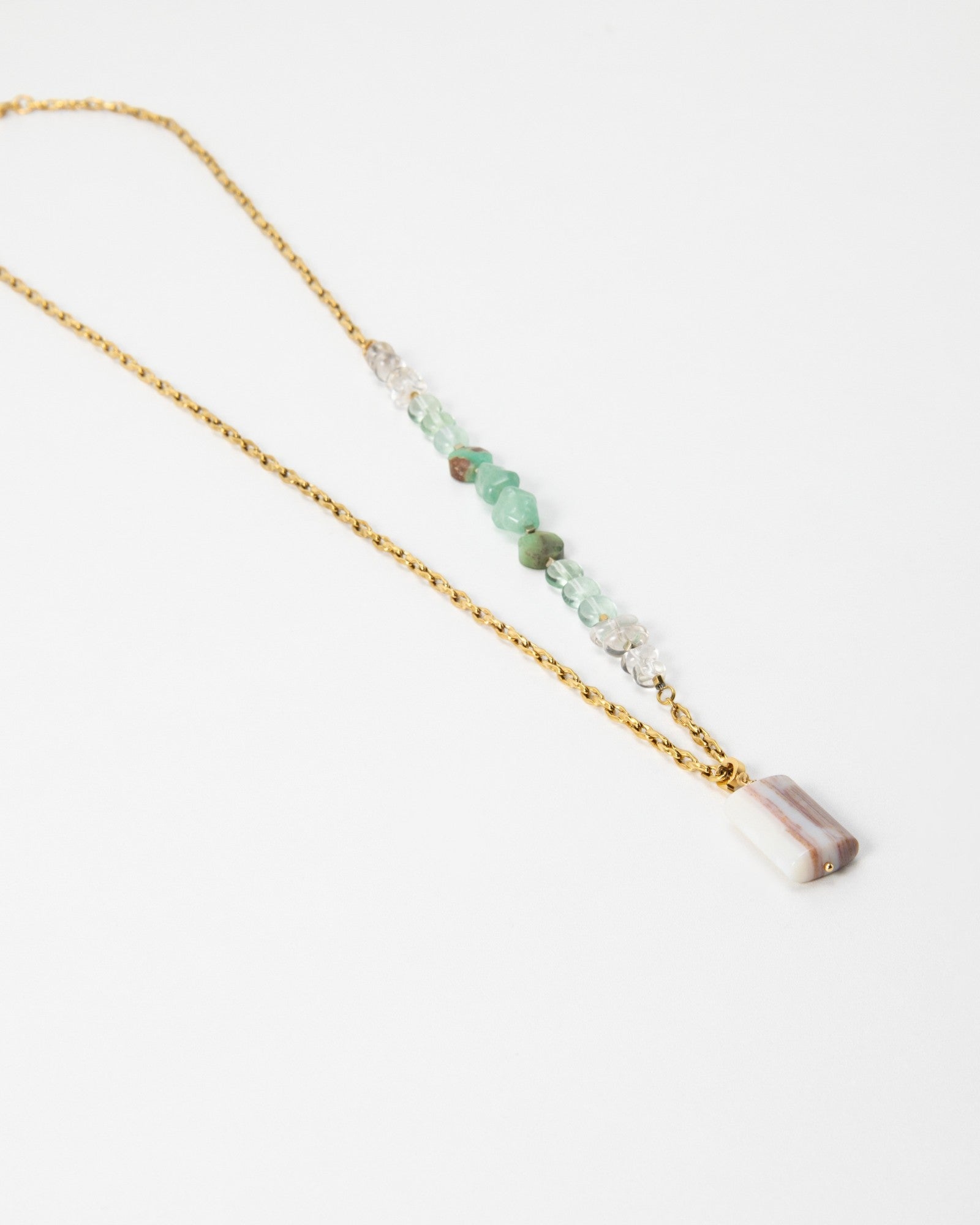 Elsita Jewelry Wandern necklace featuring a gold chain, green gemstone beads, and a rectangular striped stone pendant.