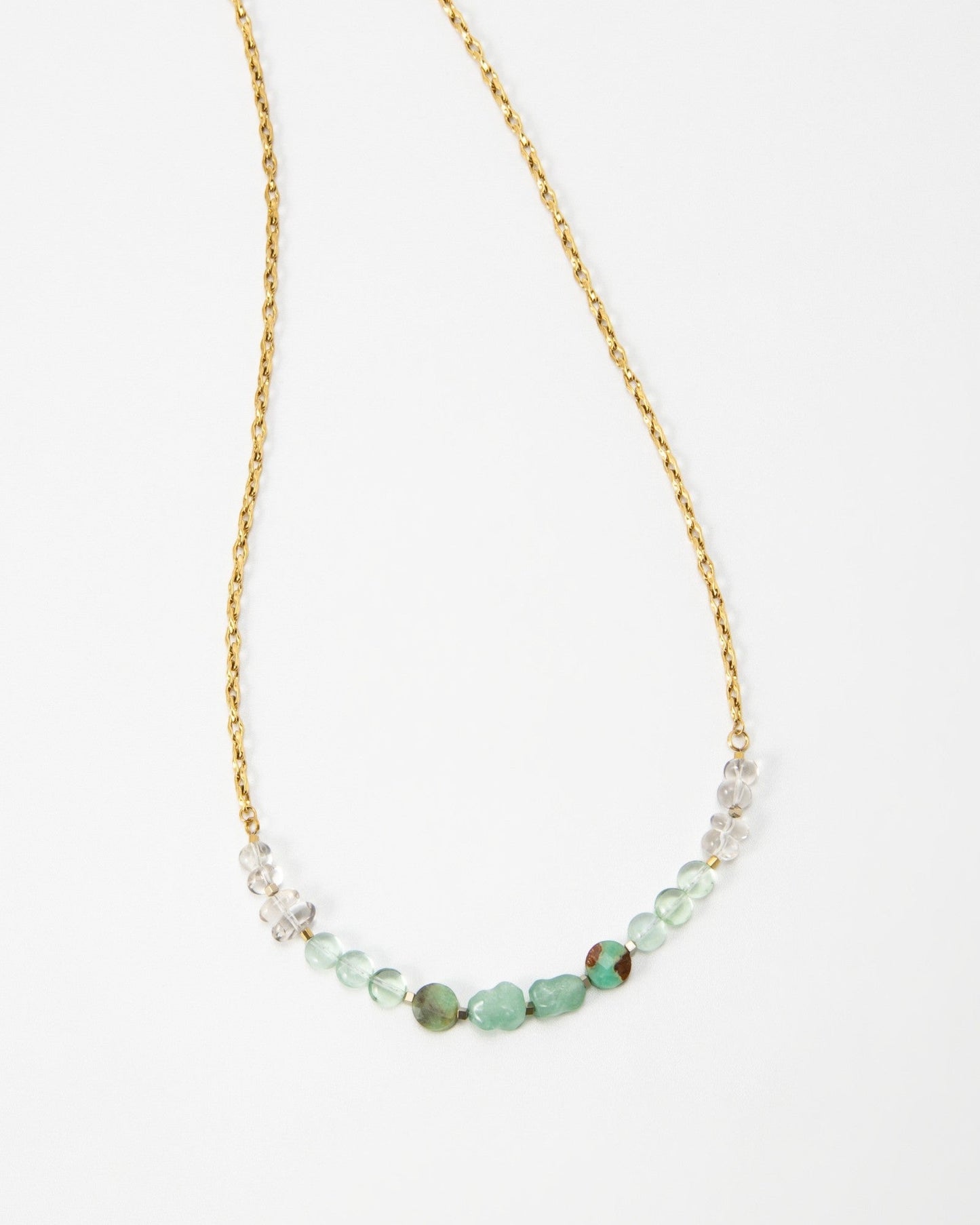 Elsita Jewelry Wandern necklace featuring a delicate gold chain with a row of green and clear gemstone beads