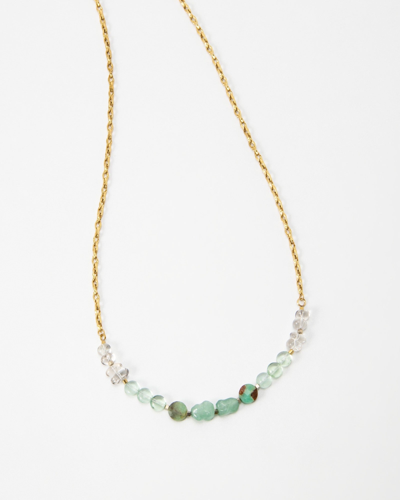 Elsita Jewelry Wandern necklace featuring a delicate gold chain with a row of green and clear gemstone beads