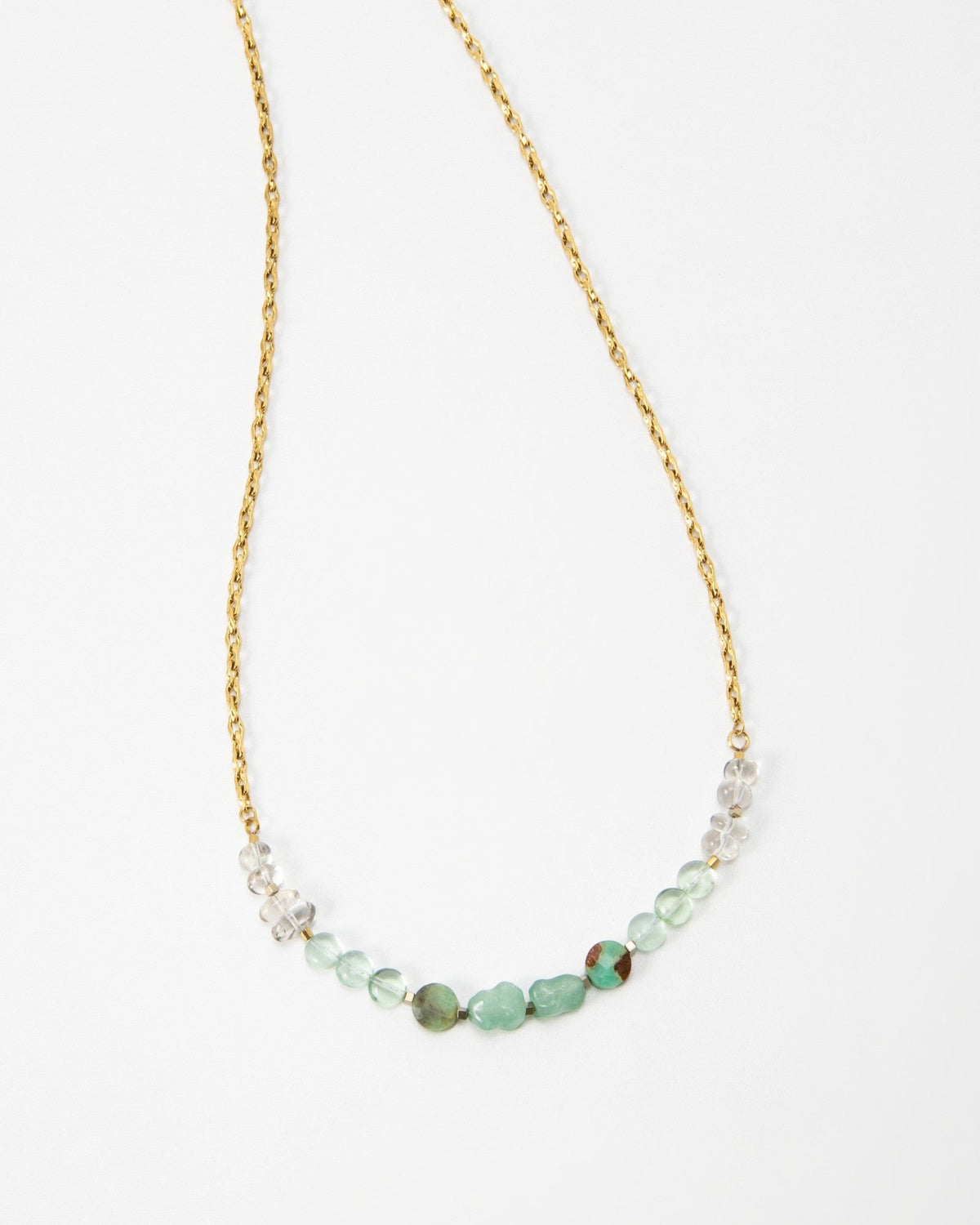 Elsita Jewelry Wandern necklace featuring a delicate gold chain with a row of green and clear gemstone beads