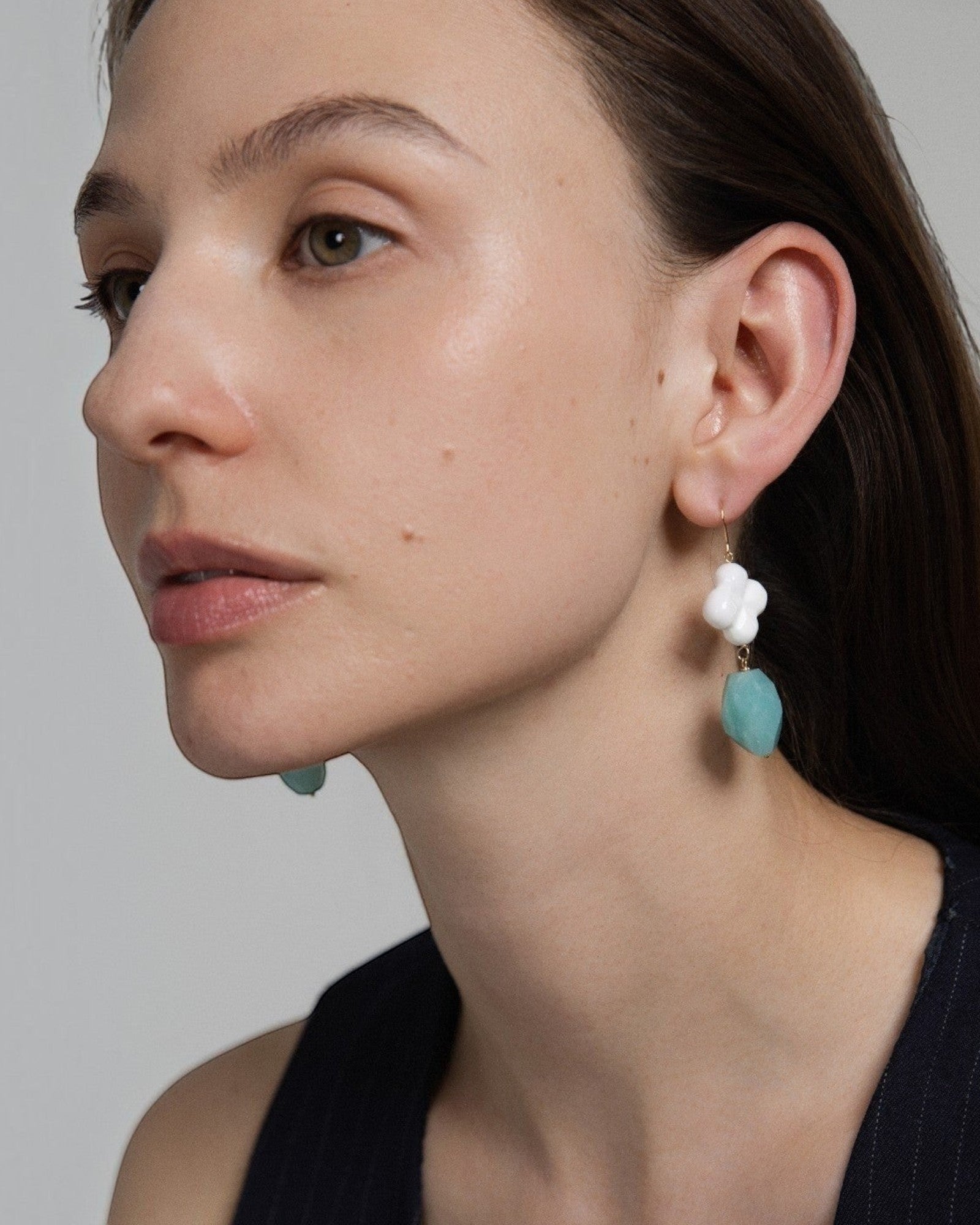 Elsita Jewelry Sky earrings featuring white clover-shaped agate and lagoon-blue amazonite on 14K gold-filled hooks.