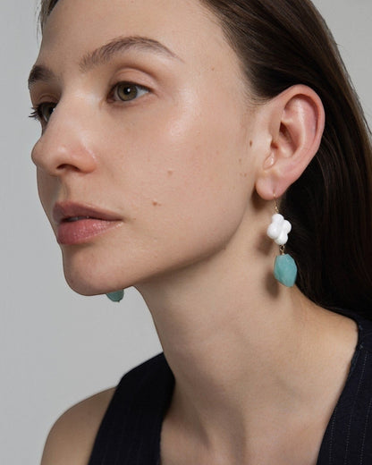 Elsita Jewelry Sky earrings featuring white clover-shaped agate and lagoon-blue amazonite on 14K gold-filled hooks.